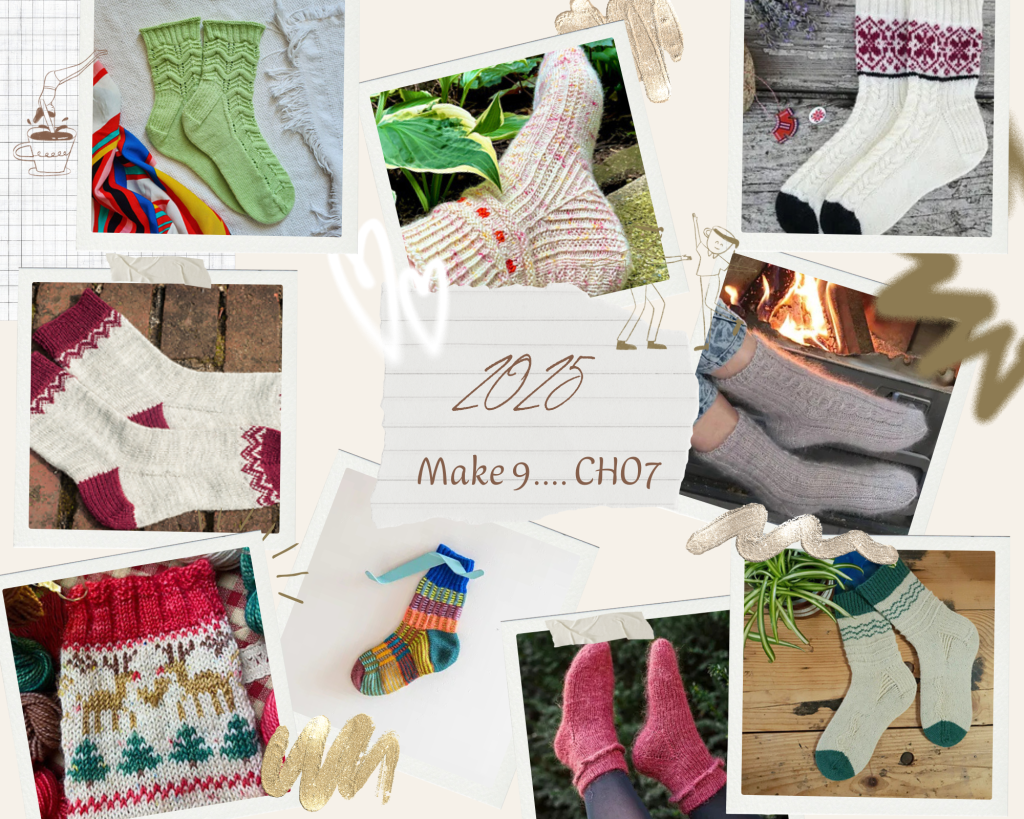 cette image regroupe les 9 modèles de chaussettes fait main que j'aimerais me tricoter au cours de l'année 2025